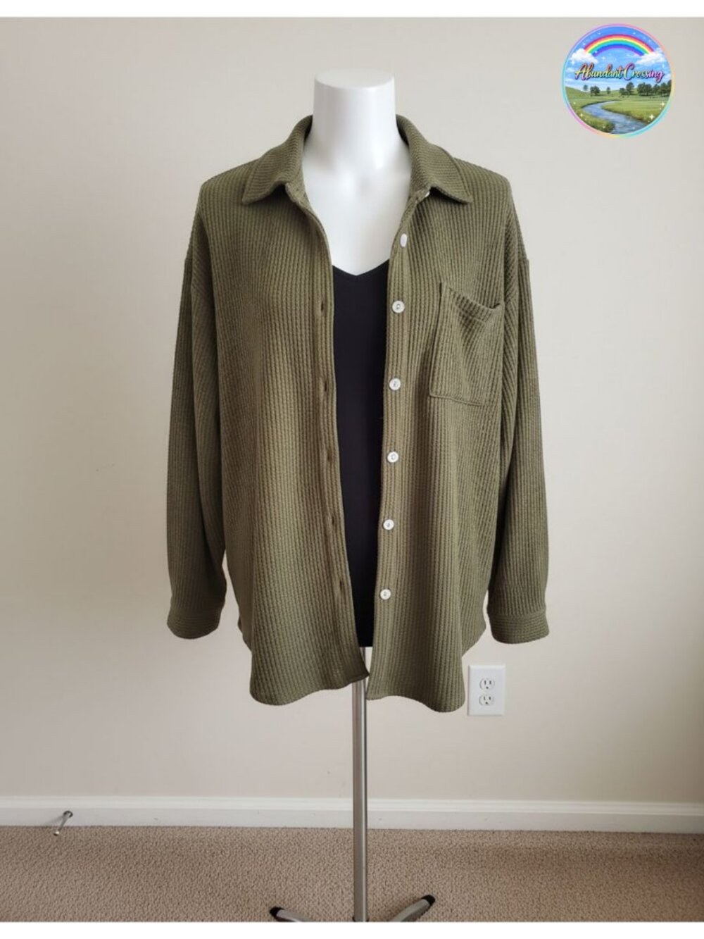 Waffle Knit Button Down Shacket Long Sleeve Collared V Neck Chest Pocket